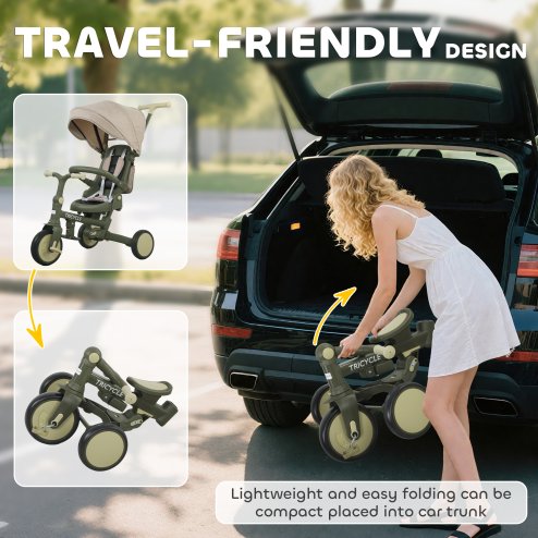 AIYAPLAY Kids Trike, Foldable Toddler Tricycle 5 in 1 with Adjustable Parent Handle & Removable Canopy, 5-point Safety Harness, Footrest, Storage Bag, for Ages 1-3 Years, Dark Green