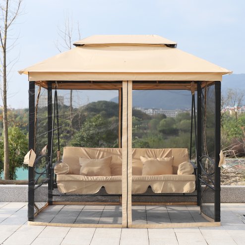 Outsunny 3 Seater Swing Chair 3-in-1 Convertible Garden Swing Seat Bed Gazebo Patio Bench Outdoor with Double Tier Canopy, Cushioned Seat, Mesh Sidewalls, Beige