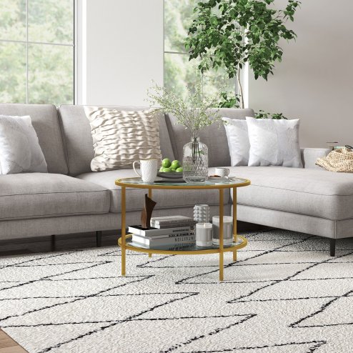 HOMCOM Round Coffee Table with Storage, 2-Tier Tempered Glass Coffee Table with Steel Frame for Living Room, Gold Tone