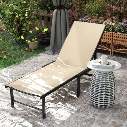 Outsunny Sun Lounger for Garden, 5-Level Adjustable Reclining Sun Lounger Chair, Flat Garden Lounger Sunbed with Texteline Seat, Steel Frame for Patio, Beach, Khaki