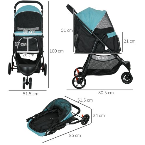 PawHut Dog Pram with Rain Cover Pet Stroller, Foldable Dog Pushchair for Small and Miniature Dogs, Cats - Dark Green