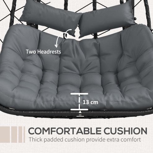 Outsunny Outdoor PE Rattan 2 Seaters Swing Chair with Thick Padded Cushion, Patio Hanging Egg Chair with Metal Stand, Headrest, for Indoor and Outdoor, Black