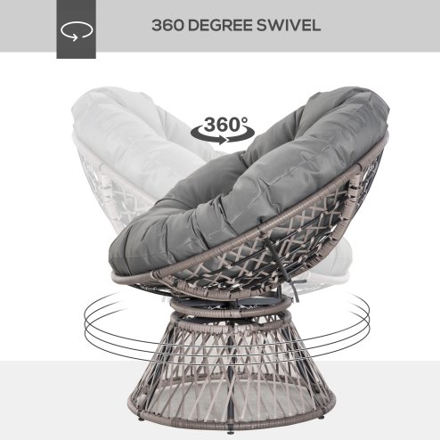 Outsunny 360 Swivel Rattan Papasan Moon Bowl Chair Round Lounge Garden Wicker Basket Seat with Padded Cushion Oversized for Outdoor Indoor, Grey