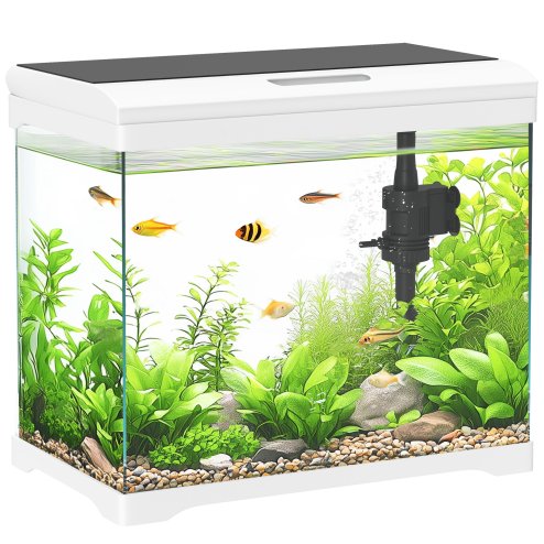 PawHut 27L Fish Tank, Glass Aquarium with Filter System, LED Light, Water Pump, Fish Tank Starter Kits for Betta, Goldfish, Shrimps, White