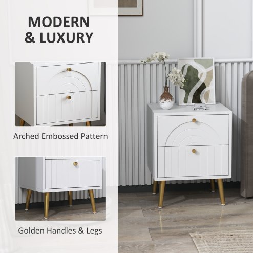 HOMCOM Bedside Table Set of 2, Modern Bedside Cabinets with 2 Drawers and Steel Legs, Side Tables for Living Room, Bedroom, 40 x 35 x 50 cm, White