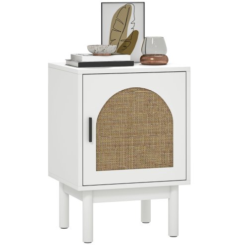 HOMCOM Rattan Bedside Table, Boho Bedside Cabinet with Adjustable Shelf and Solid Wood Legs, Side Table for Living Room, Bedroom
