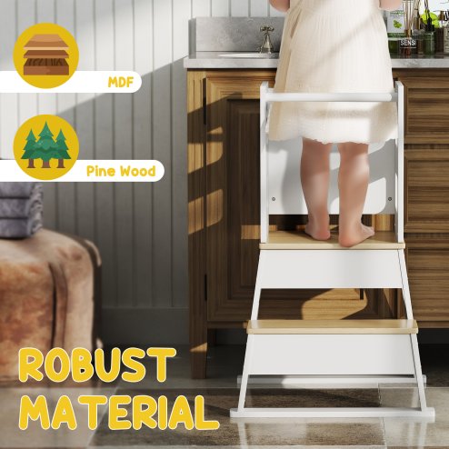 AIYAPLAY Toddler Tower, 2 in 1 Toddler Step Stool with Chalkboard, Safety Rail, Kids Standing Tower for Kitchen, Counter, Bathroom, Sink, White