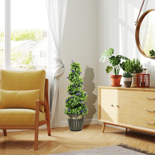 HOMCOM Set of 2 Decorative Artificial Plants, Boxwood Spiral Topiary Tree with Lavender and Pot, Fake Plants for Home Indoor Outdoor Decor, 90cm