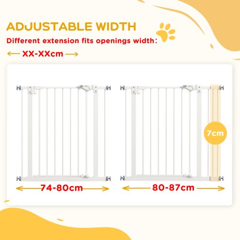 PawHut Dog Gate Stair Gate Pressure Fit Pets Barrier Auto Close for Doorway Hallway, 74-87cm Wide Adjustable, White