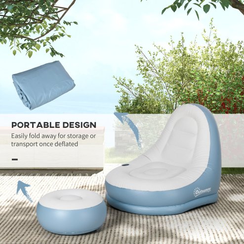 Outsunny Inflatable Chair and Footstool, Inflatable Sofa Lounger with Soft Plush Fabric and Cup Holder, for Camping, Gaming, Reading and Movie Watching, White