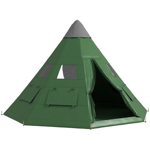 Outsunny 6 Men Tipi Tent, Camping Tent with Mesh Windows, Sewn-in Floor, Two Doors and Carry Bag, Easy Set Up, for Hiking Picnics Outdoor Night, Green