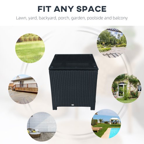 Outsunny Patio PE Rattan Side Table, Square Outdoor Coffee Table w/ Tempered Glass Top, Black