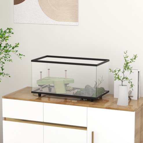 PawHut Turtle Tank, 50L Glass Turtle Aquarium with Basking Platform, Ramp, Easy Drainage, Strip Patch Thermometer, for Small Turtles, 60 x 30 x 32cm