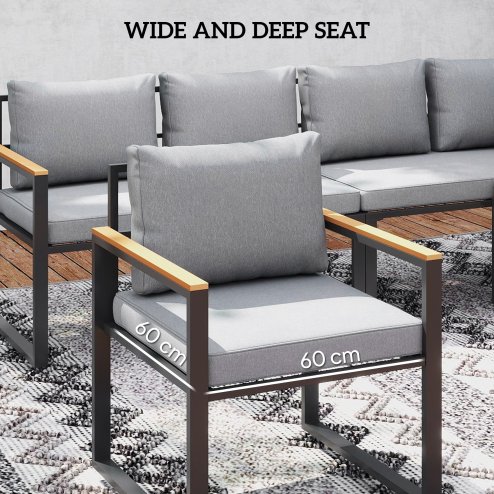 Outsunny 6 Piece L Shaped Garden Furniture Set, 9 Seater Outdoor Corner Sofa Set with 3 Loveseats, Bench, Chair, Wide and Deep Seats, WPC Top Coffee Table, Thick Cushions, Natural Wood Finish