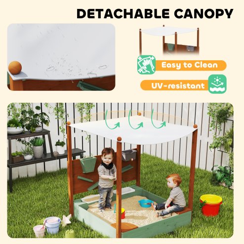 AIYAPLAY Wooden Kids Sandpit Outdoor Sandbox with Canopy with 2 Storage Bins, Funnel, Liner, Chutes, Bucket with Tap for 3-6 Years, 116 x 112.5 x 128 cm, Green