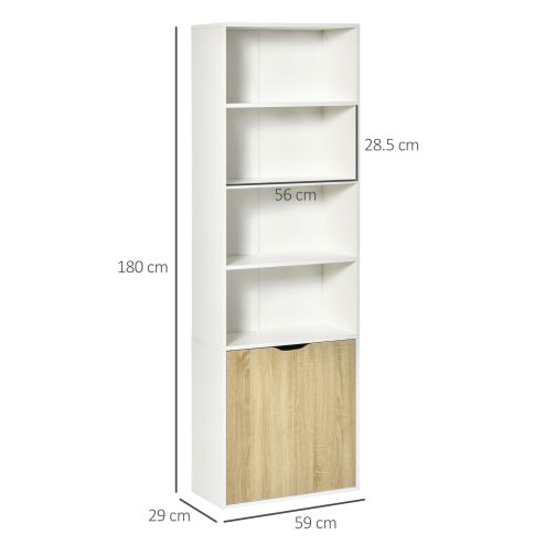 HOMCOM 6-Tier Tall Bookcase, Bookshelf with 4 Open Shelves and Double Door Storage Cabinet, Freestanding Display Rack for Living Room, Bedroom, Home Office, Study, 59 x 29 x 180cm