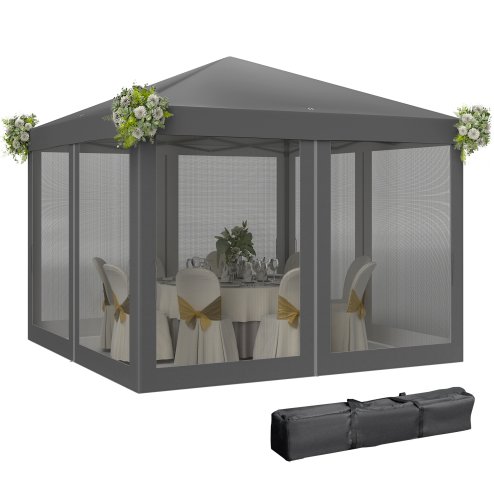Outsunny 3 x 3m Pop Up Gazebo, 420D Garden Tent Canopy with Removable Mesh Sidewall Netting, Carry Bag for Garden Patio Outdoor, Light Grey