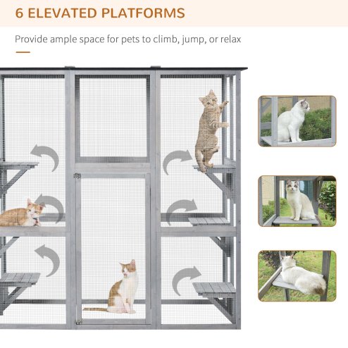 PawHut Large Outdoor Cat House, Walk-in Cat Enclosure, Wooden Catio with 6 Jumping Platforms, Waterproof Asphalt Roof
