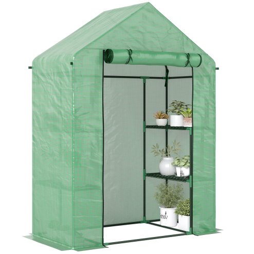 Outsunny Walk In Greenhouse with Shelves, Portable Gardening Plant Grow House for Outdoor with 2 Tier Shelf, Roll-Up Zippered Door, PE Cover, 141 x 72 x 191cm, Green