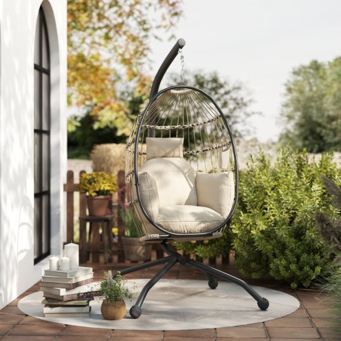Outsunny Hanging Egg Chair Outdoor Indoor Garden Swing Chair with Folding Basket and Thickened Cushion, Garden Hanging Chair with Stand, Headrest, Cup Holder for Patio, Balcony, Khaki