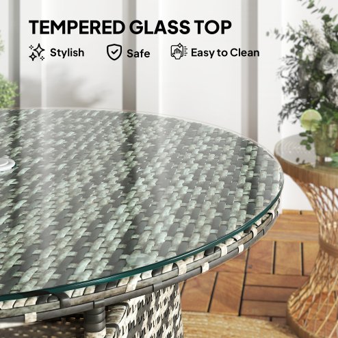 Outsunny Wicker Garden Rattan Table, Patio Furniture Outdoor Coffee Table with Umbrella Hole and Tempered Glass Top, Grey