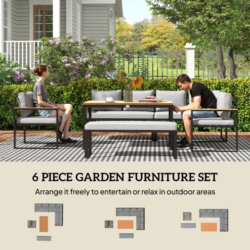 Outsunny 6 Piece L Shaped Garden Furniture Set, 9 Seater Outdoor Corner Sofa Set with 3 Loveseats, Bench, Chair, Wide and Deep Seats, WPC Top Coffee Table, Thick Cushions, Natural Wood Finish