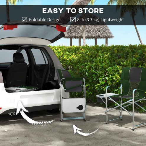 Outsunny Aluminium Directors Chair, Folding Camping Chair for Adults with Side Table, Cup Holder, Cooler Bag and Pocket, Up to 120 kg, Green