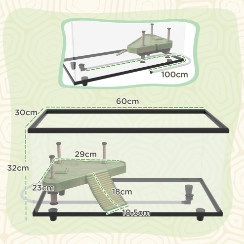 PawHut Turtle Tank, 50L Glass Turtle Aquarium with Basking Platform, Ramp, Easy Drainage, Strip Patch Thermometer, for Small Turtles, 60 x 30 x 32cm