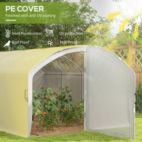 Outsunny 4 x 3 x 2m Polytunnel Greenhouse with Hinged Door, Walk-in Grow House Tent with UV-resistant PE Cover, Galvanised Steel Frame, Clamps, White