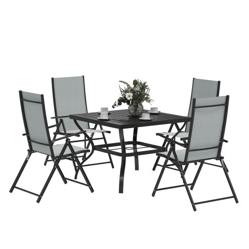 Outsunny 5 Pieces Garden Dining Set, 4 Seater Garden Furniture Set with Parasol Hole, Outdoor Dining Set with High Back Folding Chairs and Square Metal Top Table for Outdoor Patio, Grey