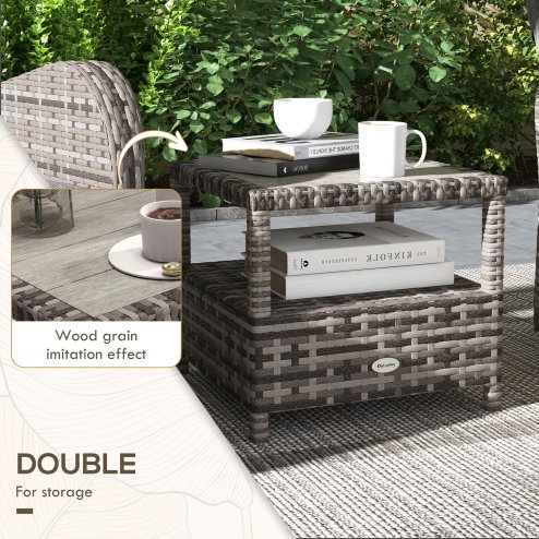 Outsunny 3 Pieces Rattan Bistro Set, Wicker Balcony Furniture Set with Reclining Sun Loungers, 2-Tier Coffee Table and Cushions, 2 Seater Garden Furniture for Outdoor Patio Balcony, Brown
