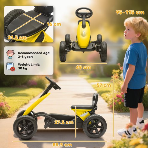 AIYAPLAY Pedal Go Kart for Kids, Children Ride-On Race Car with Silent EVA Tyres, for 2-5 Years, Yellow