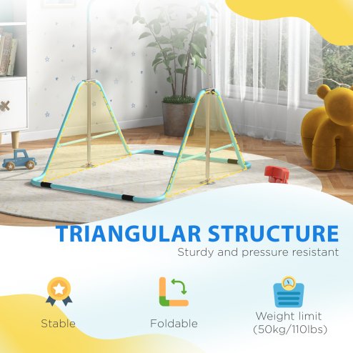 HOMCOM Kids Gymnastic Bar, Foldable Horizontal Bars w/ Adjustable Height, Training Bar w/ Triangle Base - Light Blue