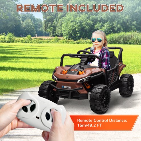 AIYAPLAY Kids Ride on Car, 12V Battery Powered Electric Truck with Remote Control, 4 Suspension Wheels, Horn, Lights, Music, USB, for Ages 3-5 Years, Brown