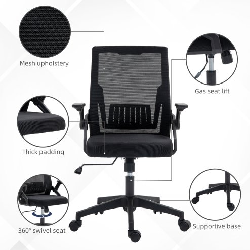 Vinsetto Mesh Office Chair, Desk Chair with Lumbar Support, Flip-up Armrest, Swivel Wheels, Adjustable Height, Black