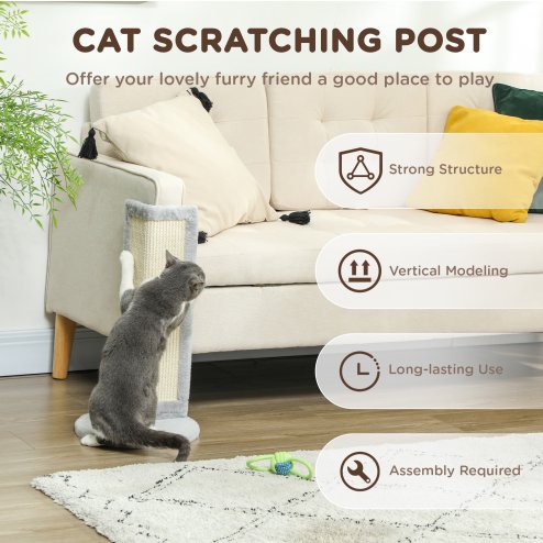 PawHut Cat Scratching Post, 56cm Corner Cat Scratch Post with Sisal Scratching Pad, for Indoor Corners, Table Corners, Sofa Corners, Grey