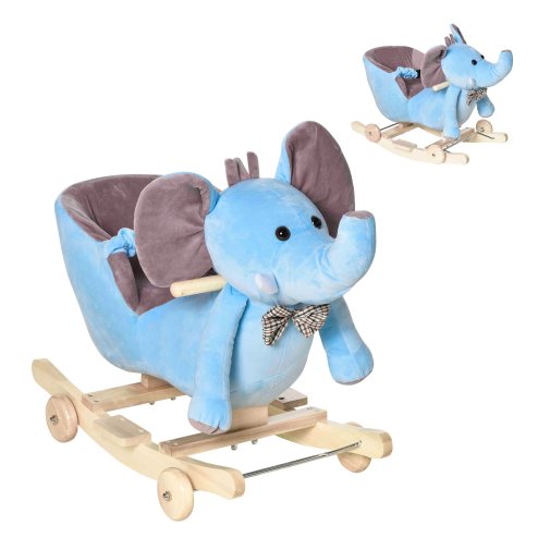 HOMCOM 2 In 1 Plush Baby Ride on Rocking Horse Elephant Rocker with Wheels Wooden Toy for Kids 32 Songs for 18+ Months (Blue) Image