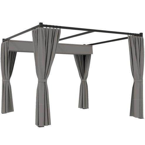 Outsunny 3 x 3(m) Pergola with Retractable Roof Canopy and Curtains, Metal Frame Garden Gazebo Outdoor Sun Shade Shelter for Grill, Patio, Deck, Light Grey