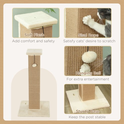 PawHut Cat Scratching Post for Indoor Cats, 81cm Cat Scratcher, Vertical Full Scratcher with Natural Jute Rope, Hanging Ball and Soft Plush, Beige