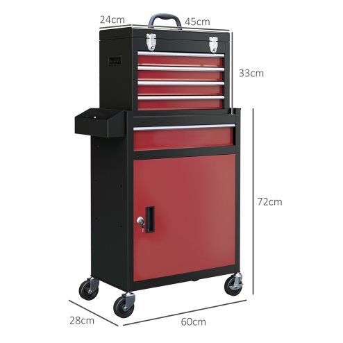 HOMCOM Rolling Tool Cabinet on Wheels with 5 Drawers and Lockable Cabinet, Portable Top Tool Chest and Roller Cabinet Combo for Workshop and Home, Red