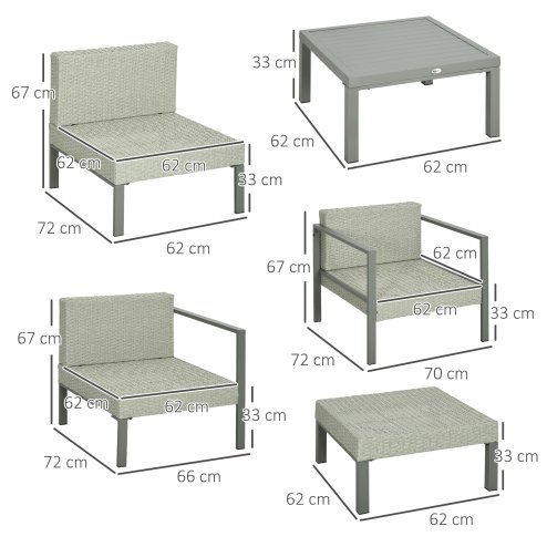 Outsunny 6 Pieces PE Rattan Garden Furniture Set with Sofa, Armchairs, Stool, Patio Sofa Set with Metal Coffee Table, Cushions, for Poolside, Light Grey