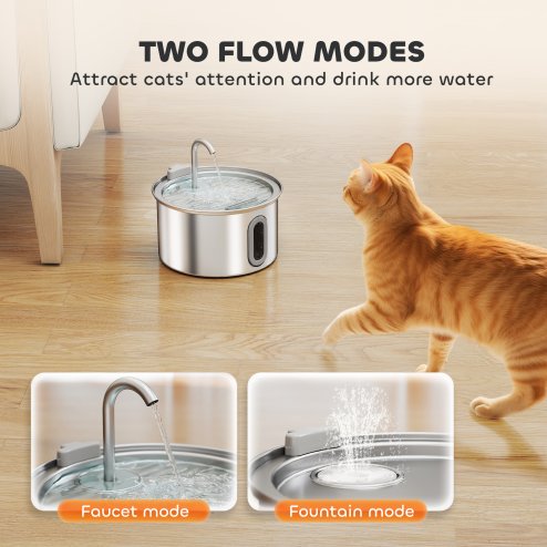 PawHut Cat Water Fountain for Drinking, 2.5L Cat Fountain Stainless Steel Automatic with Ultra-Silent Pump, Water-Level Window, Filters