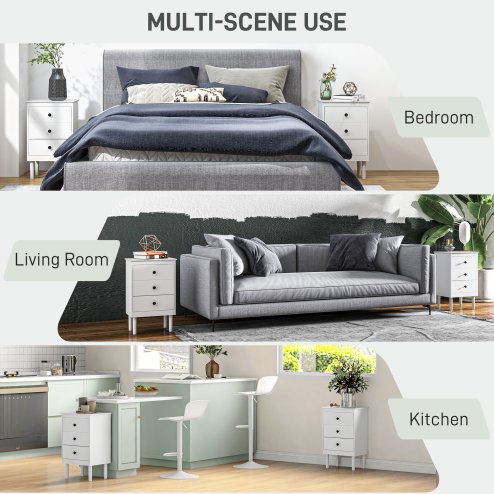 HOMCOM Bedside Table Set of 2, Bedside Cabinet with 3 Drawers, Modern Sofa Side Table, Nightstand for Bedroom, 40x30x64cm, White