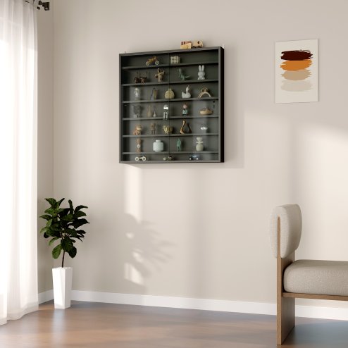 HOMCOM 7-Tier Wall Mounted Display Cabinet, Display Case with 6 Adjustable Shelves, Glass Doors for Home Office Ornaments 83x80cm, Black