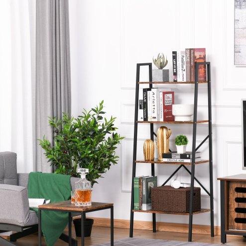 HOMCOM Ladder Shelf, Bookshelf, 4-Tier Industrial Storage Rack for Living Room, Bedroom, Kitchen