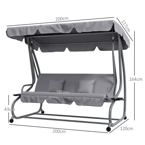 Outsunny 2-in-1 Garden Swing Seat Bed, 3 Seater Convertible Swing Chair Bench with Tilting Canopy, Cushioned Seat and 2 Pillows for Patio, Garden, Light Grey