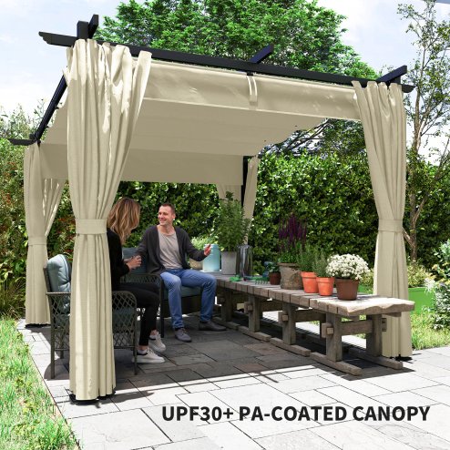 Outsunny 3 x 3(m) Metal Pergola with Retractable Roof and Sidewalls, Garden Gazebo UPF30+ Sun Shade Shelter for Outdoor, Patio, Deck, Beige