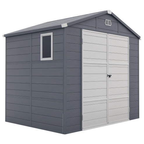 Outsunny 8 x 6ft Plastic Garden Storage Shed with Foundation Kit, Polypropylene Outdoor Storage Tool House with Ventilation Slots and Lockable Door, Grey
