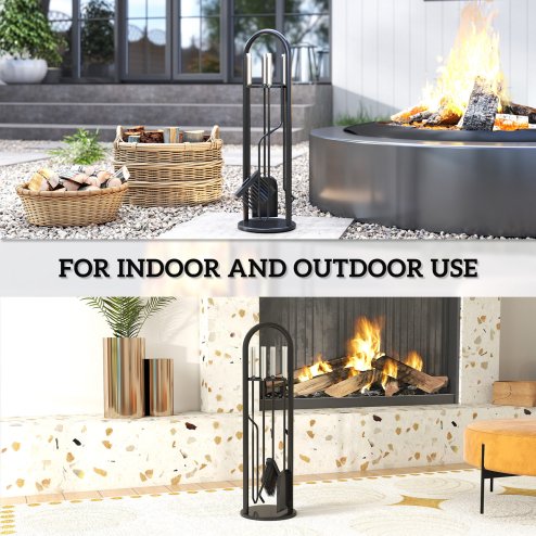 Outsunny 5 Pieces Fireplace Tools Set, Metal Fireplace Accessories Fireside Companion Set with Broom, Shovel, Poker and Bucket, Silver
