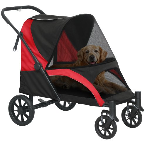 PawHut Dog Stroller, Easy Folding Pet Stroller for Large Dogs, Puppy Pram Pet Pushchair with 4 Big Wheels, Shock-Absorbing Frame, Safety Leashes, Brakes, Red/Black